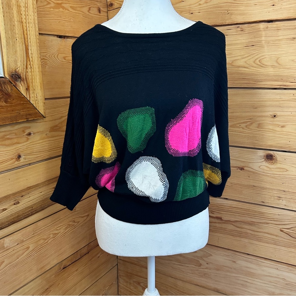 Vintage 90’s Women’s Large Black Knit Sweater Top‎ Colour Cotton 3/4 Sleeve Boxy